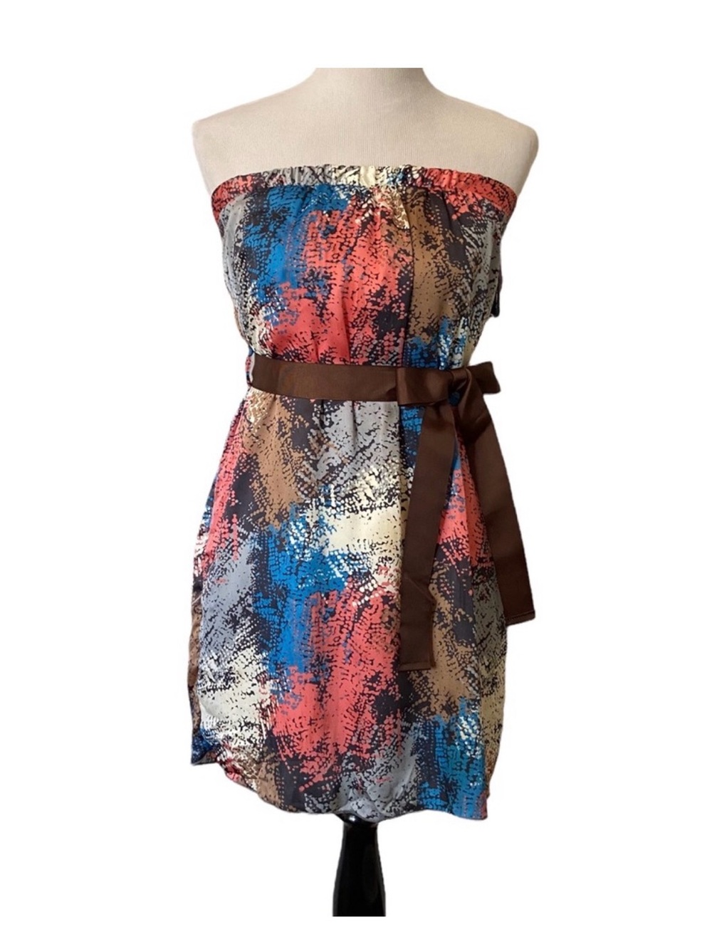 Moonlight Strapless Abstract Print Mini Dress with Brown Sash